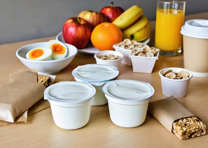 Complimentary grab and go breakfast with yogurt, hard-boiled eggs, granola bars and fruit