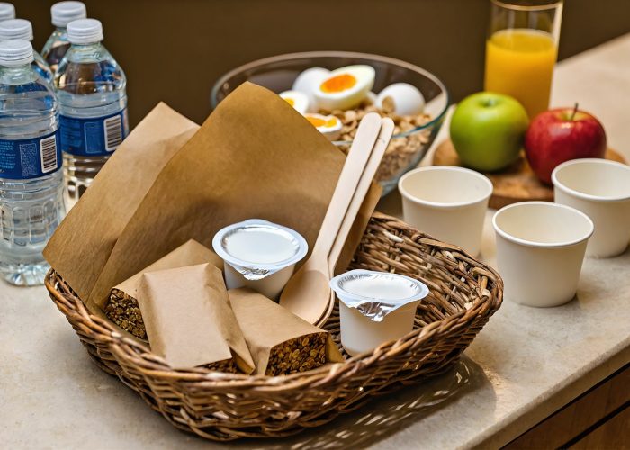 Self-serve grab and go breakfast basket with granola bars, yogurt, eggs and fruit
