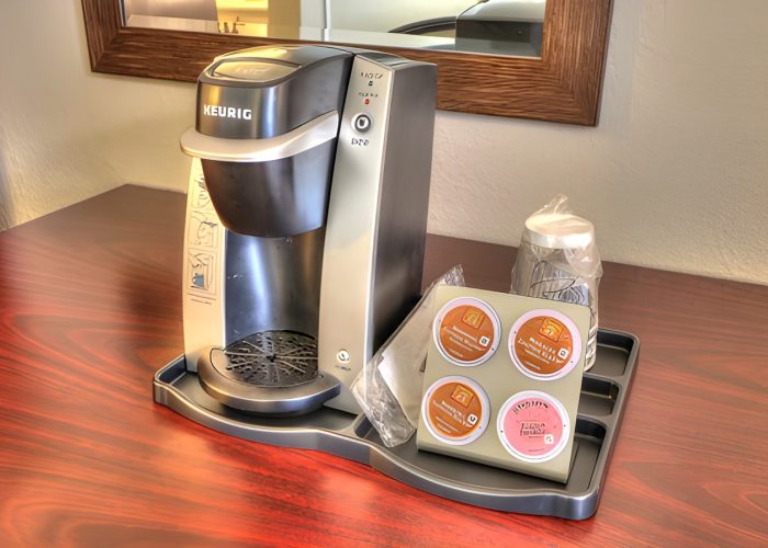 Keurig coffee maker with K-cups in every River Edge Inn room