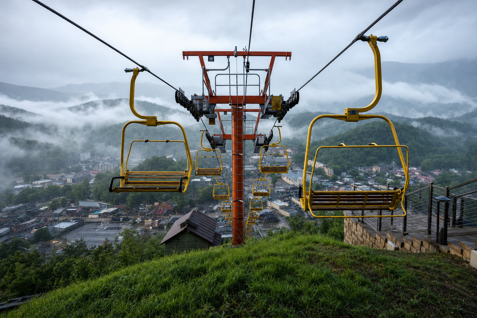 A chairlift on a hillside overlooking a town and mountains.