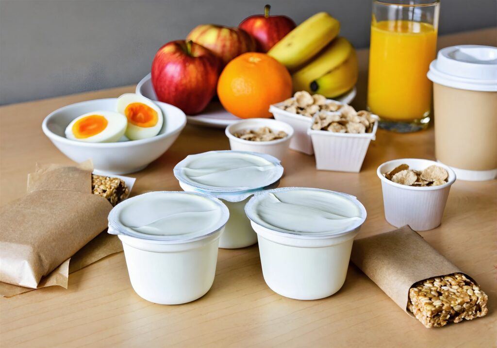 Complimentary grab and go breakfast with yogurt, hard-boiled eggs, granola bars and fruit