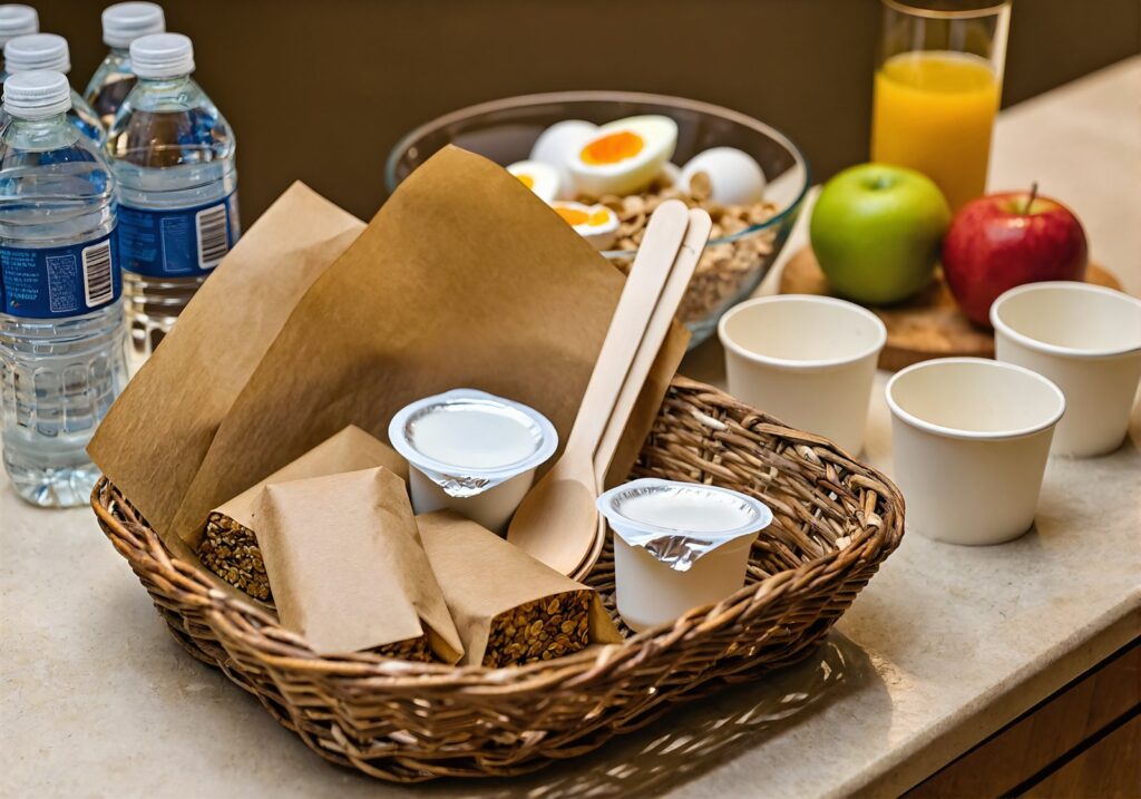 Self-serve grab and go breakfast basket with granola bars, yogurt, eggs and fruit